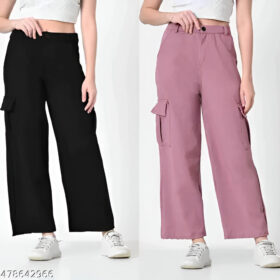 Women's Black & Pink Combo Wide Leg Cargo Pants