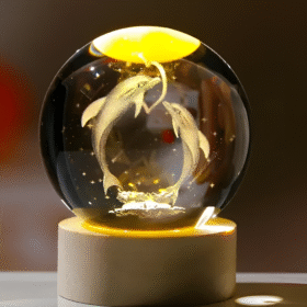 3D Crystal Ball with LED Wooden Base, Crystal Dolphin Figurine Paperweight Ornaments