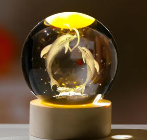 3D Crystal Ball with LED Wooden Base, Crystal Dolphin Figurine Paperweight Ornaments